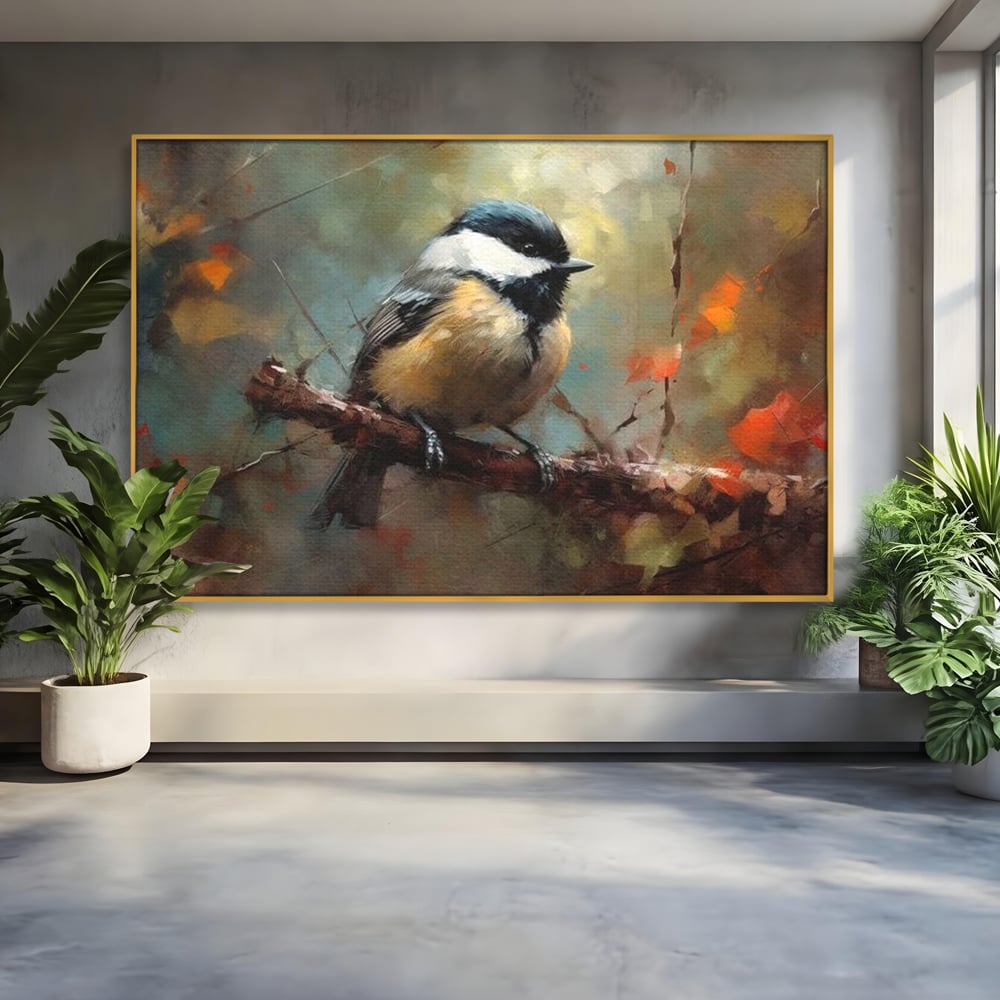 Tablou canvas cu tablou canvas cu pitigoi pe creanga, in rama de aluminiu auriu